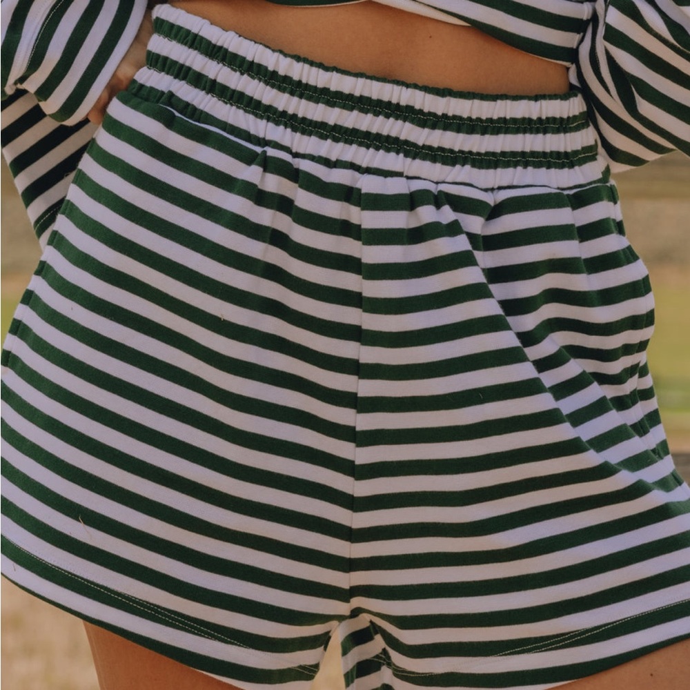 Daily Drills - Striped Cotton Shorts - Forest Green + White Stripe